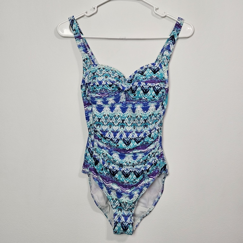 Nip Tuck One Piece Swimsuit Sz 4 MultiFit‎ Cup Blue Purple Abstract Slimming